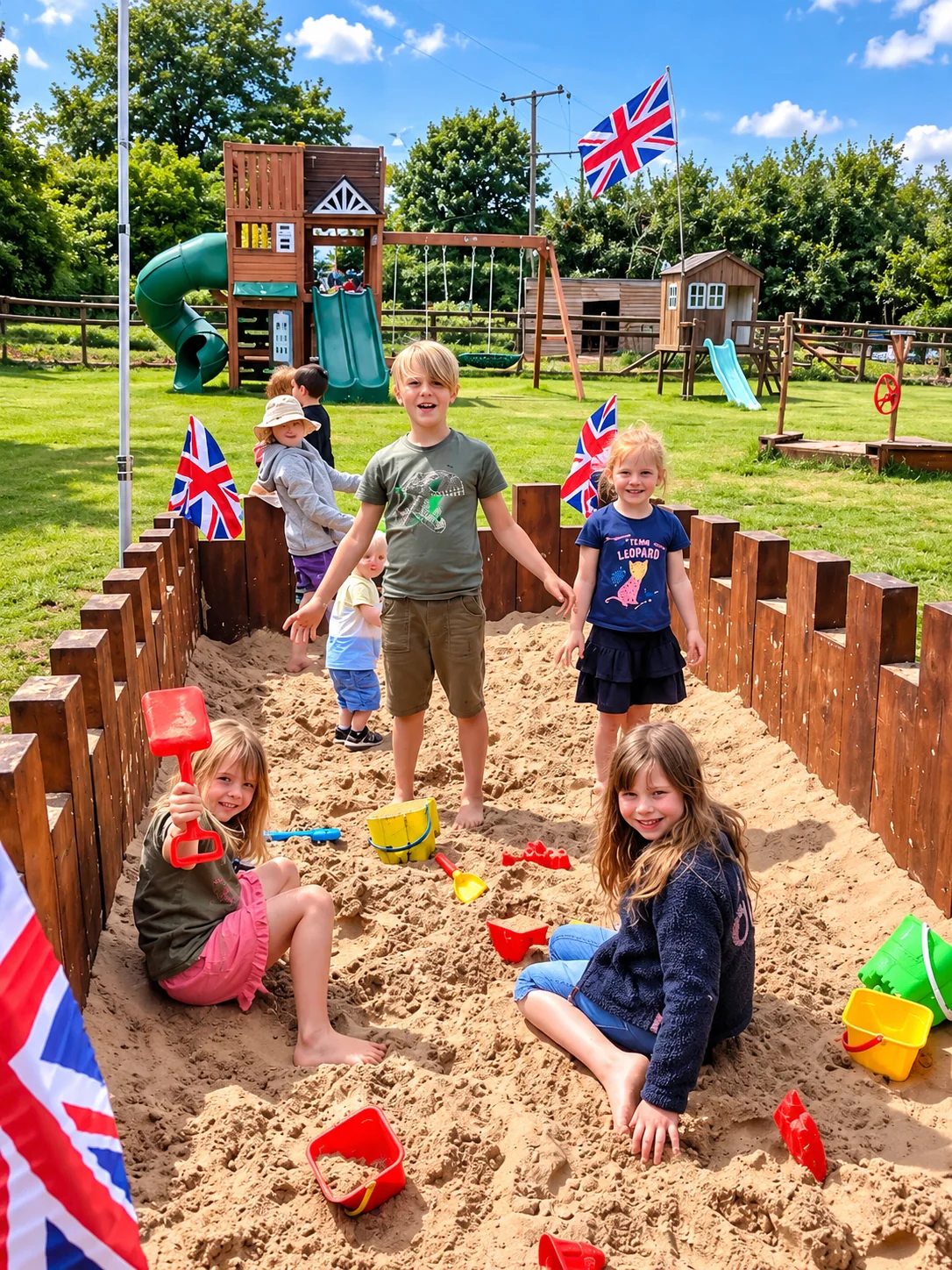 Children playing in the sandpit at Compton Pool's adventure playground in South Devon.